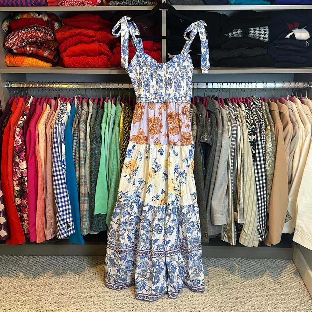 Tulip Creations blue/white/lavender/orange floral smocked maxi dress S NWOT
